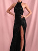 Black Long Sequin Dress Cocktail Party Prom Wedding Guest Halter Slit Ball RSLM80492 - Sequin Dress Plus