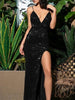BLACK LONG SEQUIN DRESS MAXI COCKTAIL WEDDING PARTY PROM V-NECK RSLM80119-1 - Sequin Dress Plus