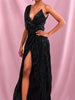 Black Long Sequin Dress Maxi Slit Deep V-Neck Cocktail Party Prom Wedding Guest Bridesmaid Ball RSLM81849 - Sequin Dress Plus
