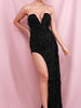 Black Long Sequin Dress with Fringe Slit V-Neck Tassel Party Prom Cocktail Wedding RLM82107 - Sequin Dress Plus