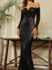 Black Maxi Long Sequin Dress Long Sleeve Cocktail Party Prom Wedding Guest Ball RLM80273 BLACK - Sequin Dress Plus