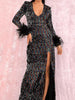 Black Maxi Long Sequin Dress Long Sleeve Feather Cocktail Party Prom Wedding Guest Bridesmaid Dress Ball RSLM82143 - Sequin Dress Plus