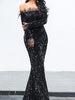Black Maxi Long Sequin Dress with Feathers Long Sleeves Cocktail Party Prom Wedding RFT19005 - Sequin Dress Plus