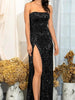 BLACK MAXI SEQUIN DRESS STRAPLESS LONG DRESS SLIT COCKTAIL BALL WEDDING PROM RSLM82032 - Sequin Dress Plus