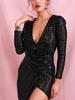 Black Mini Sequin Dress Long Sleeve Bodycon Deep V Party Prom Wedding RSLM82186 - Sequin Dress Plus