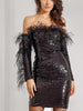 Black Mini Sequin Dress with Feathers Short Party Prom Bodycon Dress Above Knee RSLM81482 - Sequin Dress Plus