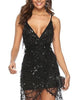 Black Mini Short Sequin Dress with Fringe V-Neck Party, Prom RSYMK-A2529 - Sequin Dress Plus