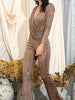 Brown Sequin Jumpsuit Dress Long Sleeves Deep V-neck Draped Cocktail Party Prom Wedding Guest Bridesmaid Dress Ball  RSLM82187 - Sequin Dress Plus