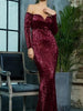 Burgundy Long Sequin Dress Long Sleeve Maxi Cocktail Party Wedding Guest Off-The-Shoulder RSLM80273WINERED - Sequin Dress Plus