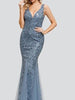 Dusty Blue Maxi Long Sequin Dress Mermaid V-Neck Cocktail Party Prom Wedding Guest Bridesmaid Dress Ball REZ07707NB - Sequin Dress Plus