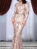 Gold Maxi Long Sequin Dress Long Sleeves Cocktail Party Prom Wedding Bridesmaid RSLM81238 - Sequin Dress Plus