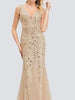 Gold Maxi Long Sequin Dress Mermaid V-Neck Cocktail Party Prom Wedding Guest Bridesmaid Dress Ball REZ07707NB - Sequin Dress Plus