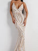 Gold/White Maxi Long Sequin Dress Cocktail Party Prom Wedding Guest Bridesmaid Striped RFT8927 - Sequin Dress Plus