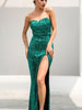 Green Maxi Long Sequin Dress Sweetheart Cocktail Ball Party Wedding Guest Halter Slit Sleeveless  RLM1055 - Sequin Dress Plus
