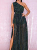Green Playsuit Maxi Sequin Dress Long Slit Cocktail Party Prom Wedding Guest One Shoulder RSLM80768A - Sequin Dress Plus