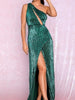 High Slit Green Maxi Long Sequin Dress Cocktail Ball Party Prom Wedding One Shoulder Cut Out RSLM81952 - Sequin Dress Plus