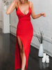 Black Red Long Bodycon Dress Ankle Length Slit Wedding Party Summer V Neck RSNADAF103E - Sequin Dress Plus