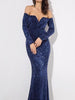 Long Sleeve Navy Blue Maxi Sequin Dress Mermaid Cocktail Party Prom Wedding Guest Bridesmaid Dress Ball  Off-the-Shoulder Long Floor Length RSLM1069 - Sequin Dress Plus