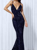 Navy Blue Long Maxi Sequin Dress Cocktail Wedding Party Prom V-Neck RLM80119 - Sequin Dress Plus