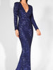 NAVY Long Sequin Dress Maxi Long Sleeves Deep V-Neck Cocktail Party Cut Out Pleated RSLM81618 - Sequin Dress Plus