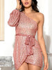 Pink Short Sequin Dress Mini One Shoulder One Sleeve Bodycon Party Wedding Prom RSLM82106 - Sequin Dress Plus