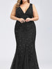 Plus Size Black Maxi Long Sequin Dress Mermaid V-Neck Cocktail Party Prom Wedding Guest Ball RSS-7886BK - Sequin Dress Plus