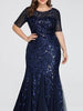 PLUS SIZE NAVY BLUE MAXI LONG SEQUIN DRESS MERMAID SEE-THRU SLEEVES COCKTAIL PARTY PROM WEDDING GUEST BRIDESMAID DRESS BALL RSSS-7707NB - Sequin Dress Plus