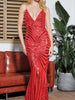 Red Maxi Long Sequin Dress Cocktail Party Wedding Deep V Neck Backless RSLM81225 - Sequin Dress Plus