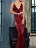 Red Maxi Long Sequin Dress Mermaid Cocktail Party Bridesmaid Dress V-Neck RLM1326 - Sequin Dress Plus