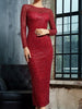 Red Midi Sequin Dress Long Sleeves  Cocktail Party Prom Wedding Guest Bridesmaid RSLM81350 - Sequin Dress Plus
