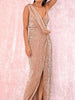 Rose Gold Long Sequin Dress Maxi Slit Deep V-Neck Sleeveless Cocktail Party Prom Wedding Guest Bridesmaid Ball RSLM81849 - Sequin Dress Plus