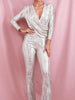 Silver Jumpsuit Sequin Dress Long Sleeves Full Length Deep V-neck Draped Cocktail, Party, Prom, Wedding Guest, Bridesmaid Dress, Ball RSLM82187 Silver - Sequin Dress Plus
