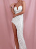 Silver Long Sequin Dress with Fringe Slit V-Neck Tassel Party Prom Cocktail Wedding RLM82107 - Sequin Dress Plus