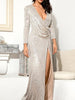 Silver Black Long Sequin Dress Maxi Long Sleeve Cocktail Party Prom Wedding Guest Slit RSLM82188 - Sequin Dress Plus