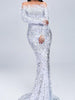 White Maxi Long Sequin Dress with Feathers Cocktail Party Prom Wedding Guest RFT19005 - Sequin Dress Plus