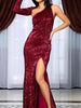 Wine Red Long Sequin Dress Maxi Cocktail Party Mermaid Wedding Guest Slit RLM81333-2 WINERED - Sequin Dress Plus